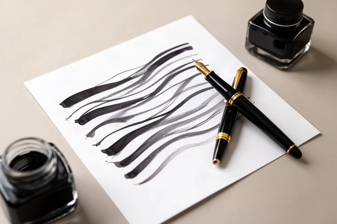 Muestra de escritura de pluma estilográfica con tinta oscura saturada sobre papel blanco