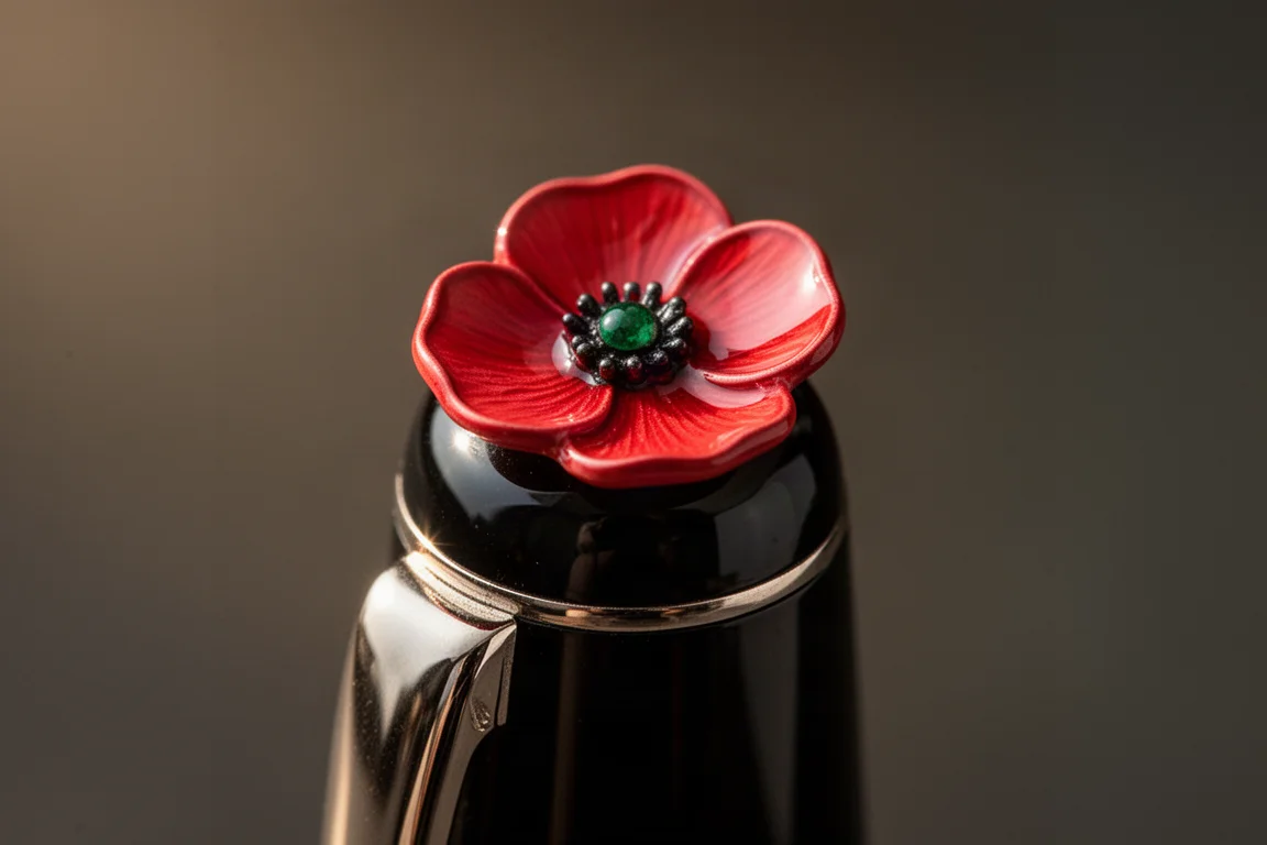 Close-up of a red enamel poppy on the flat top of a black fountain pen cap