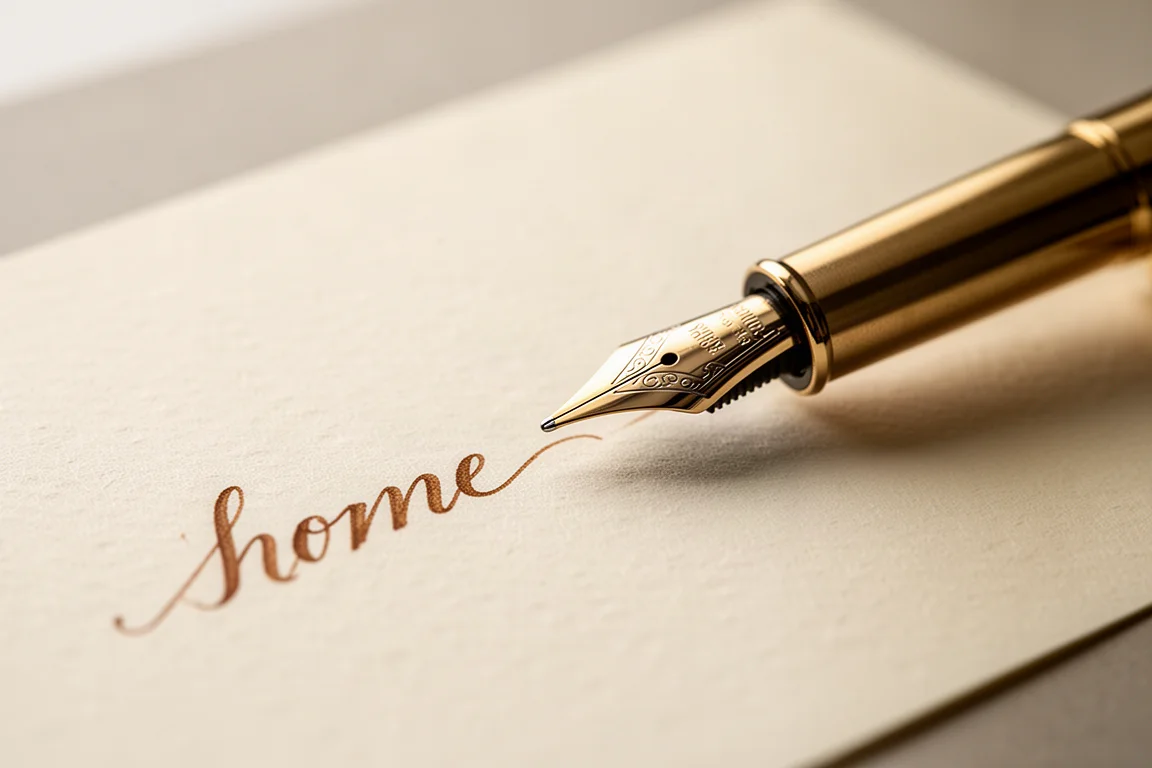 Fountain pen nib writing on cream paper with a warm brown ink