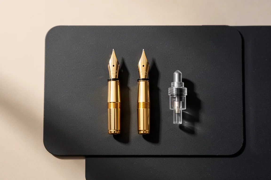 Two fountain pen nib units and a converter laid out on a dark desk