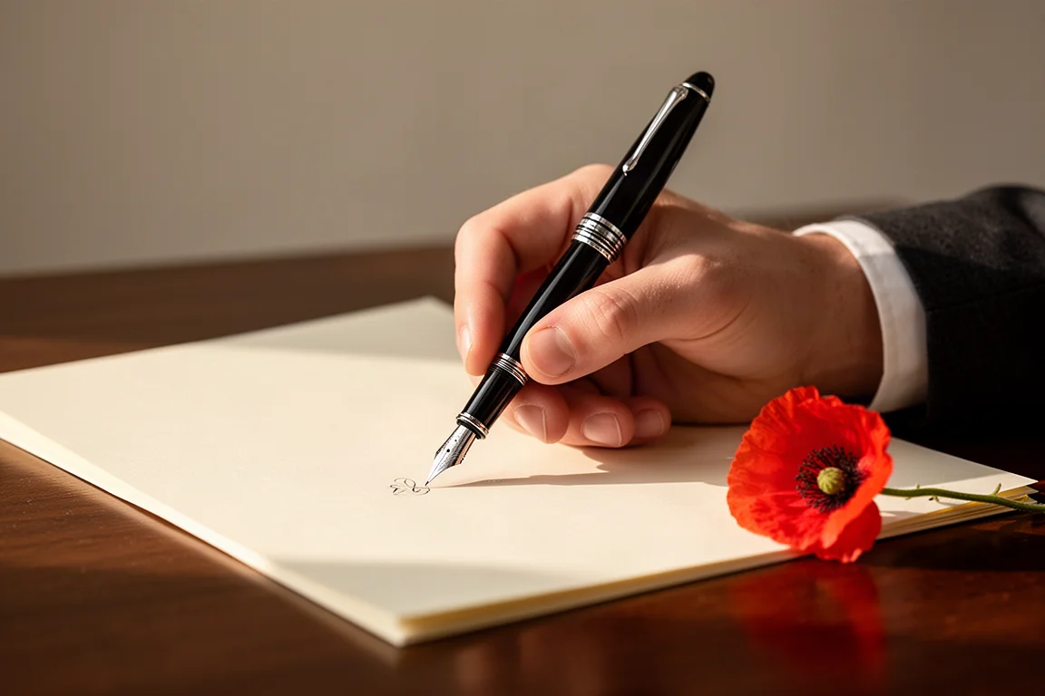Hands writing with a black fountain pen beside a poppy on a desk