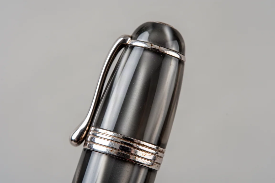 Detail of the cap band and clip of a vintage Conway Stewart fountain pen showing patinated silver trim