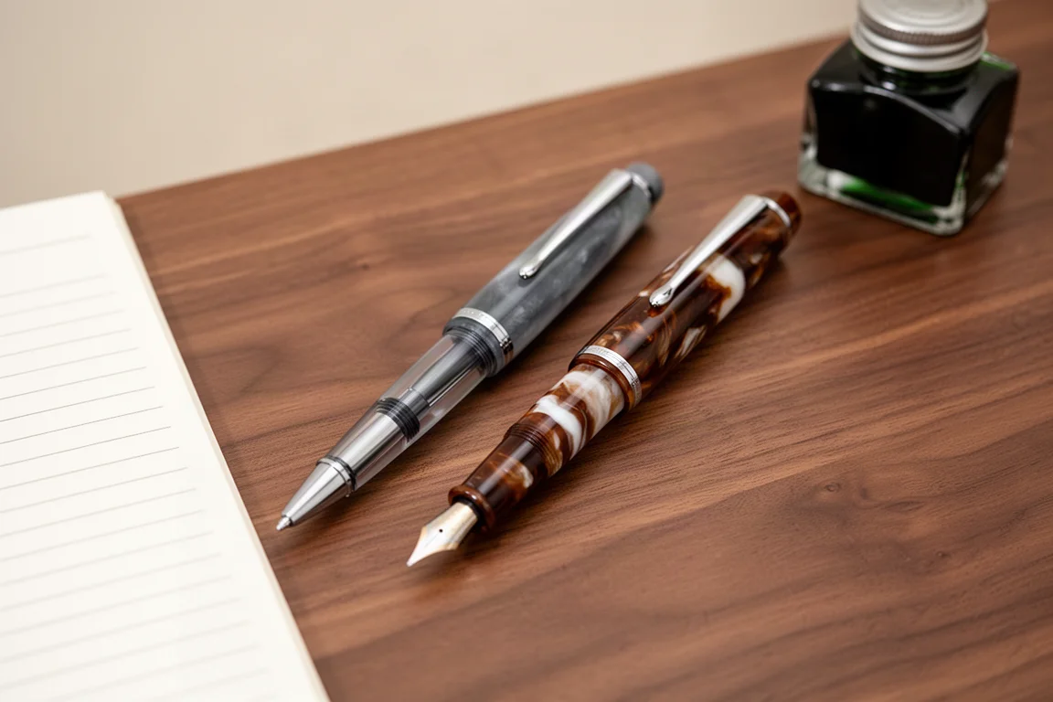 Two fountain pens of different sizes lying side by side on a wooden desk
