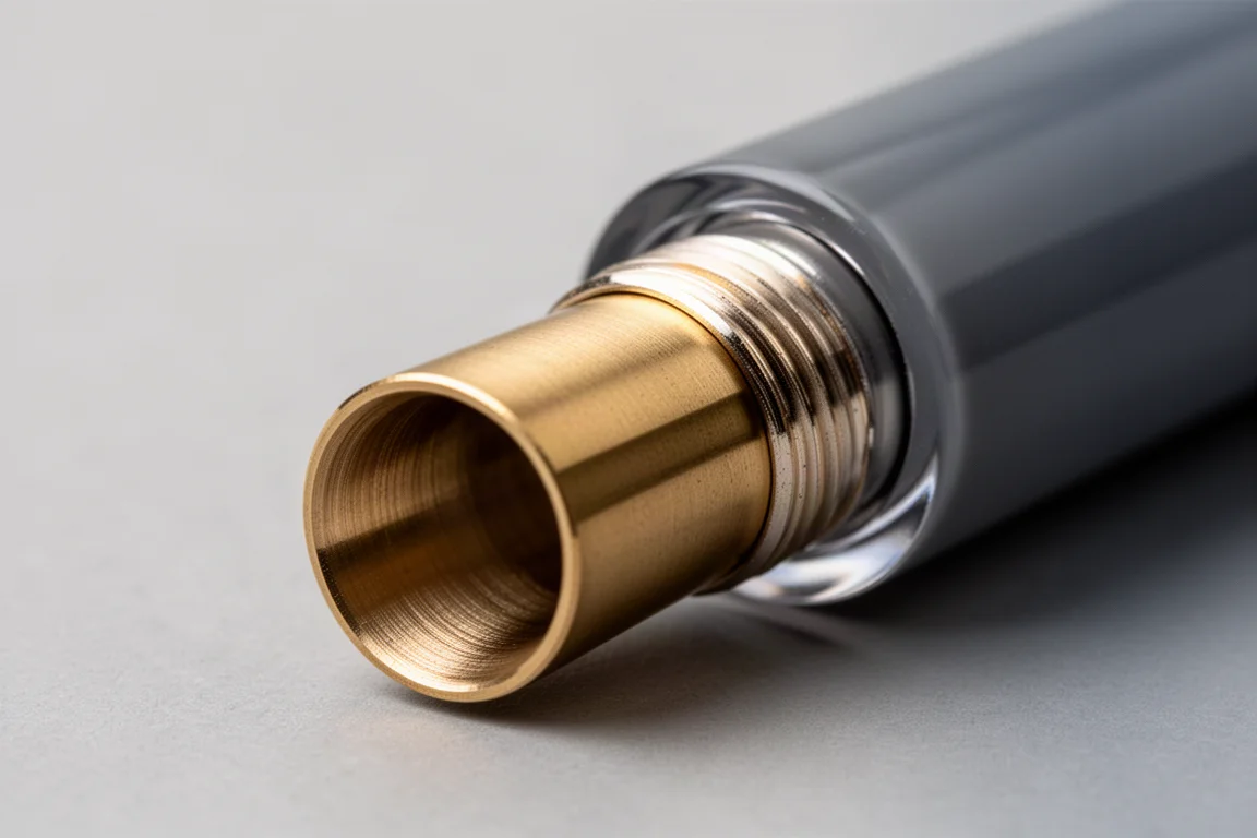 Interior of a fountain pen barrel revealing a brass sleeve that adds weight