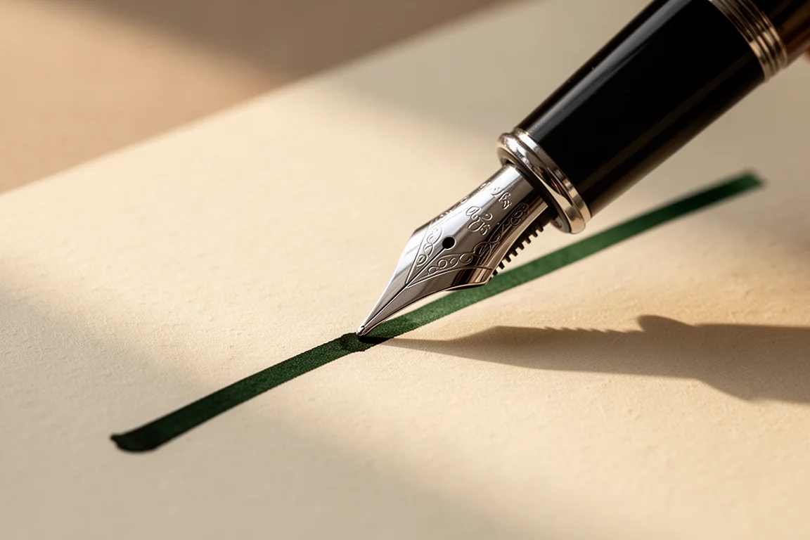 Fountain pen writing on cream paper with dark green ink producing a smooth, wet line