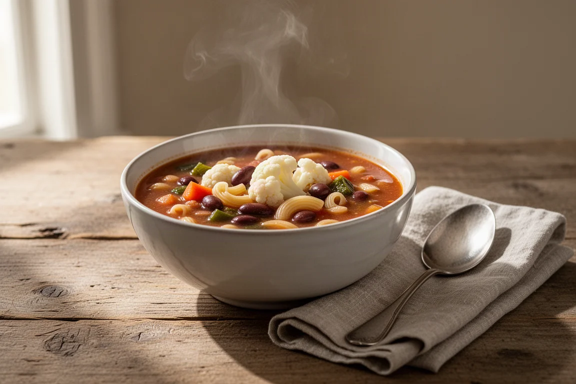 Eine dampfende Schale Gemüse-Minestrone auf einem Holz-Küchentisch