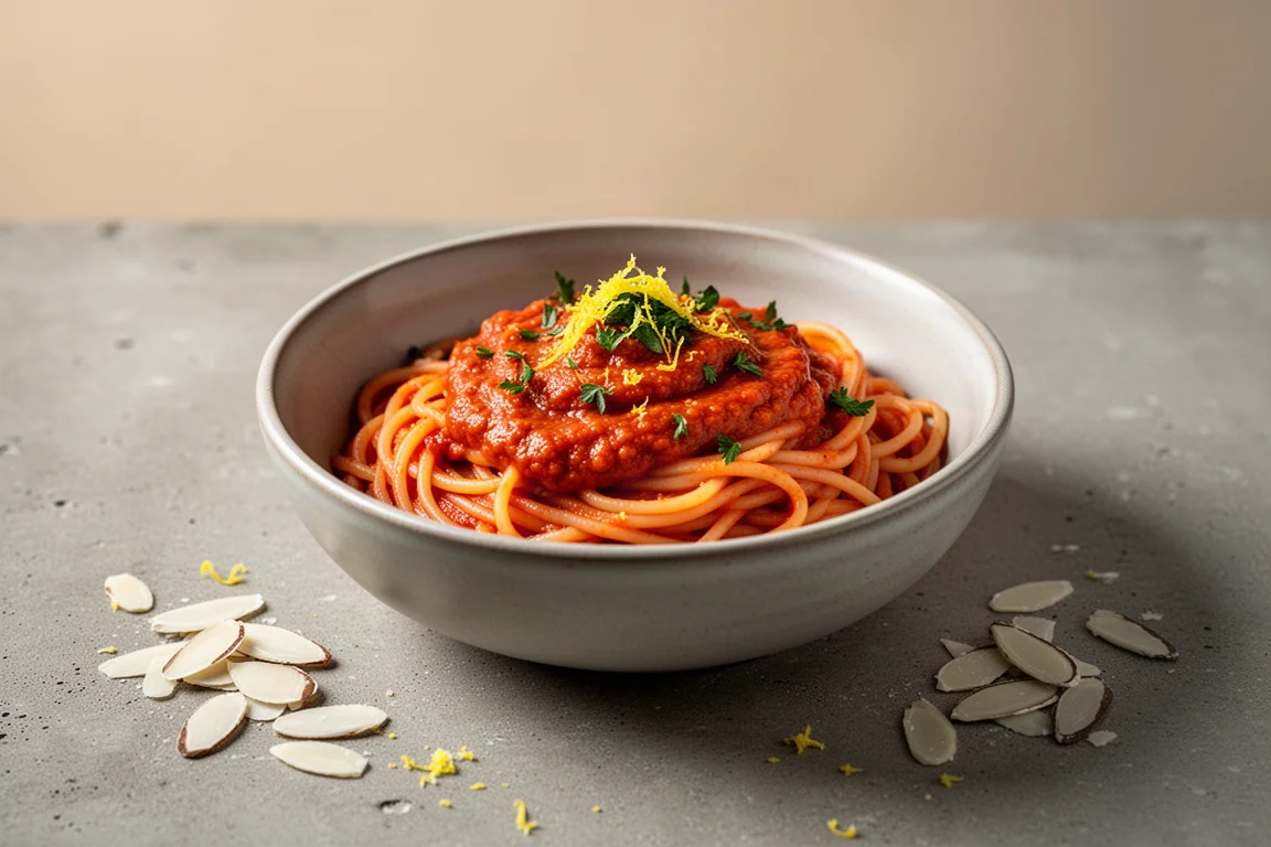 Cremige Spaghetti in einer Schale angerichtet, mit Kräutern und Zitronenabrieb