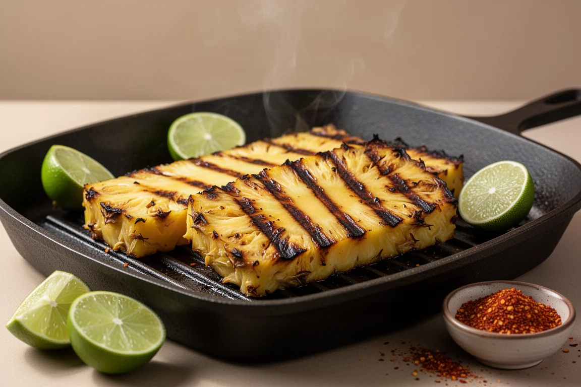 Gegrillte Ananas-Scheiben mit tiefen Röstspuren auf einer Grillpfanne