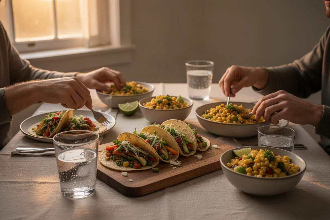 Zwei Hobbyköche teilen sich ein entspanntes Abendessen mit Gemüse-Tacos am Tisch