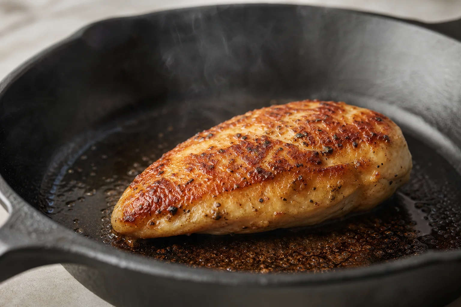 Seared chicken breast in cast iron skillet with golden brown crust
