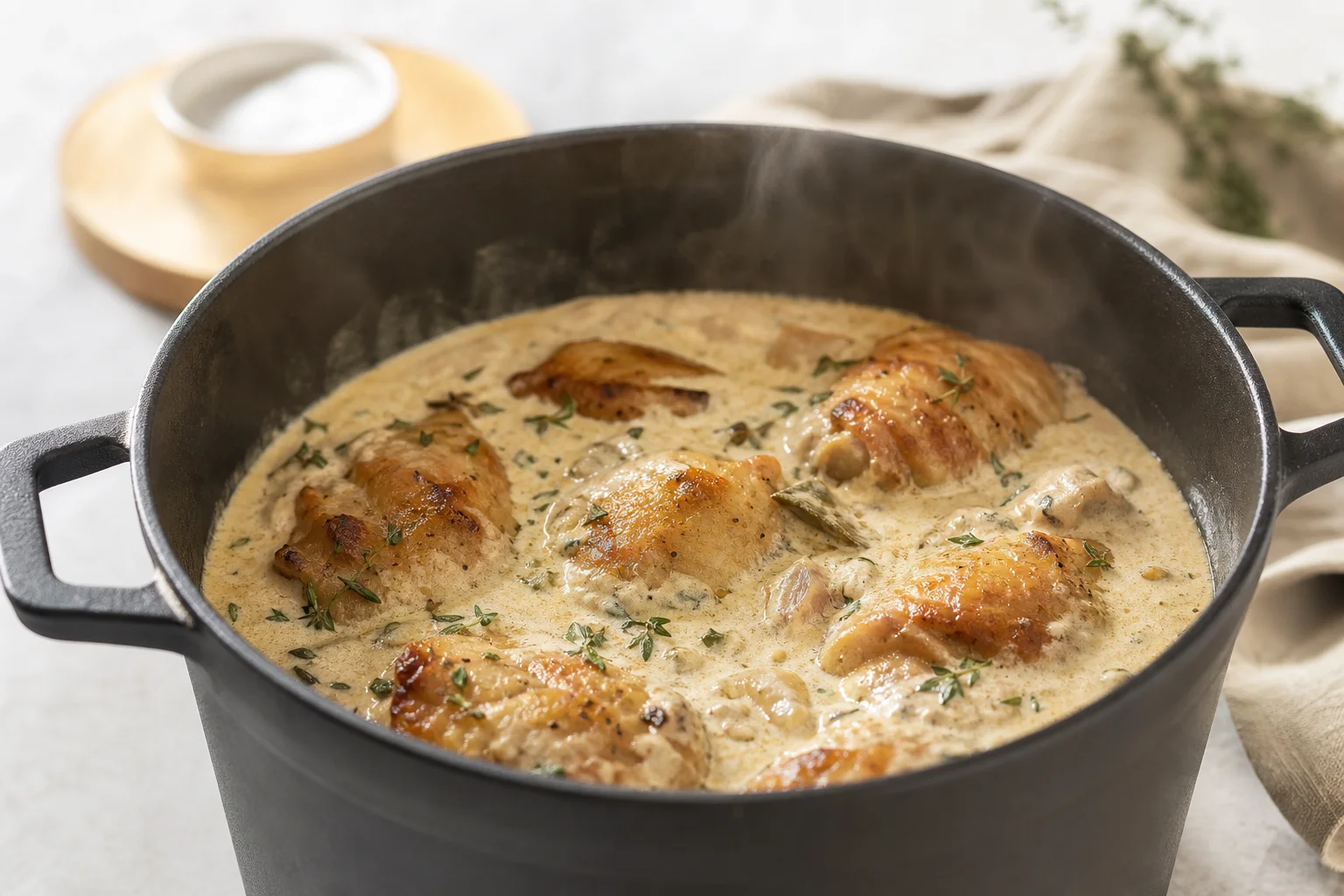 Cast iron Dutch oven with creamy sauce and cooked chicken