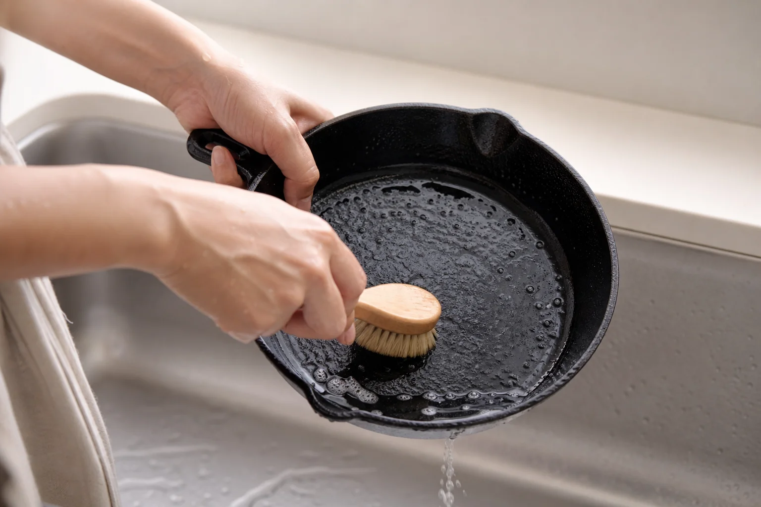 Cast iron cookware set being cleaned with brush and warm water