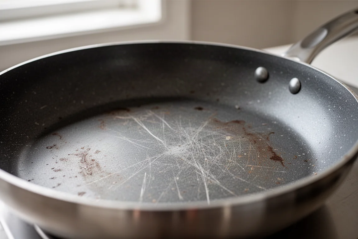 Hands-on cookware testing setup with eggs frying in a non-stick pan on a stovetop