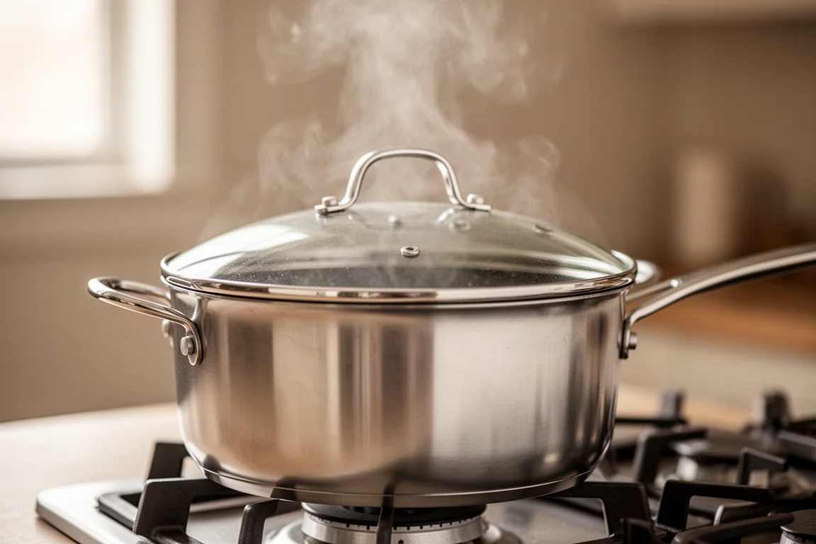 Lightweight thin-walled frying pan being tilted by hand above a stovetop