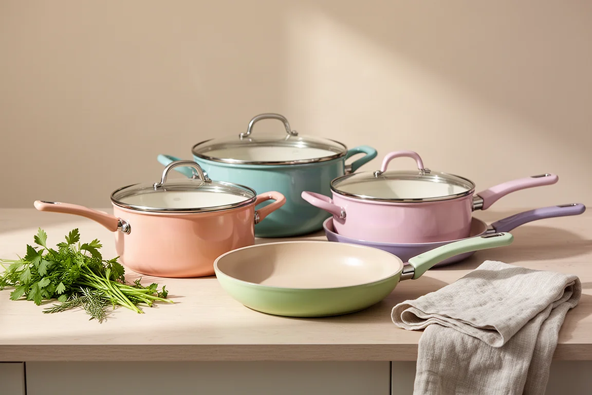 Lineup of well-built stainless steel and non-stick pans arranged on a kitchen counter