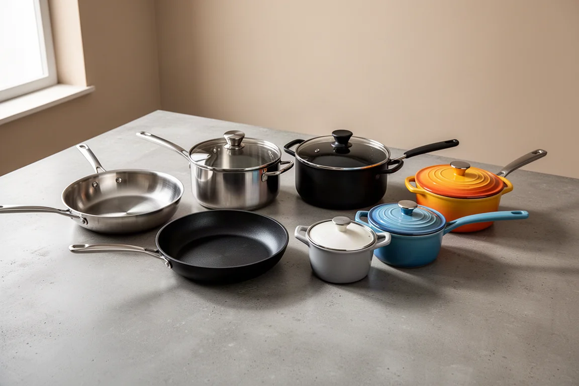 Row of assorted frying pans and saute pans on a matte concrete surface