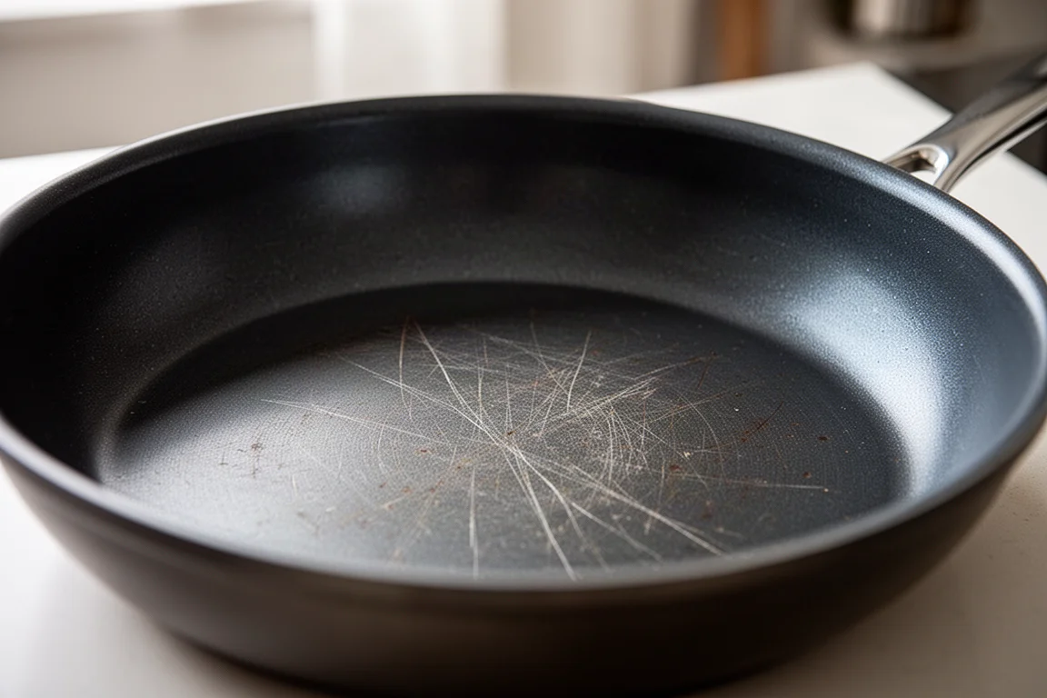 Close-up of a worn nonstick pan surface with visible scratches under soft light