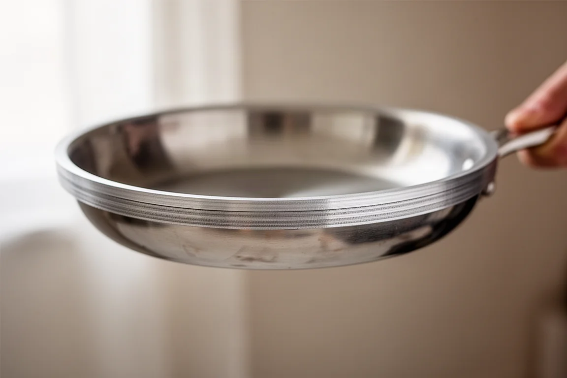Stainless steel pan held up to a window showing its bonded metal layers