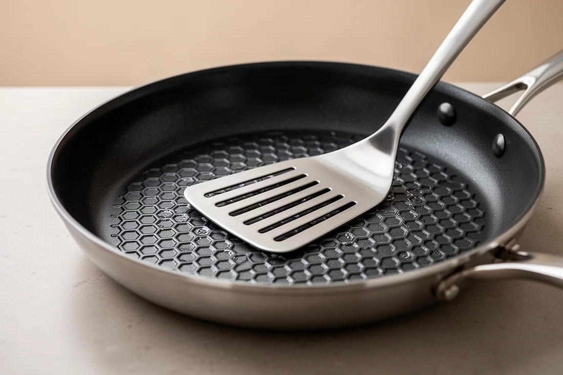 Metal spatula resting on the textured surface of a hybrid nonstick pan