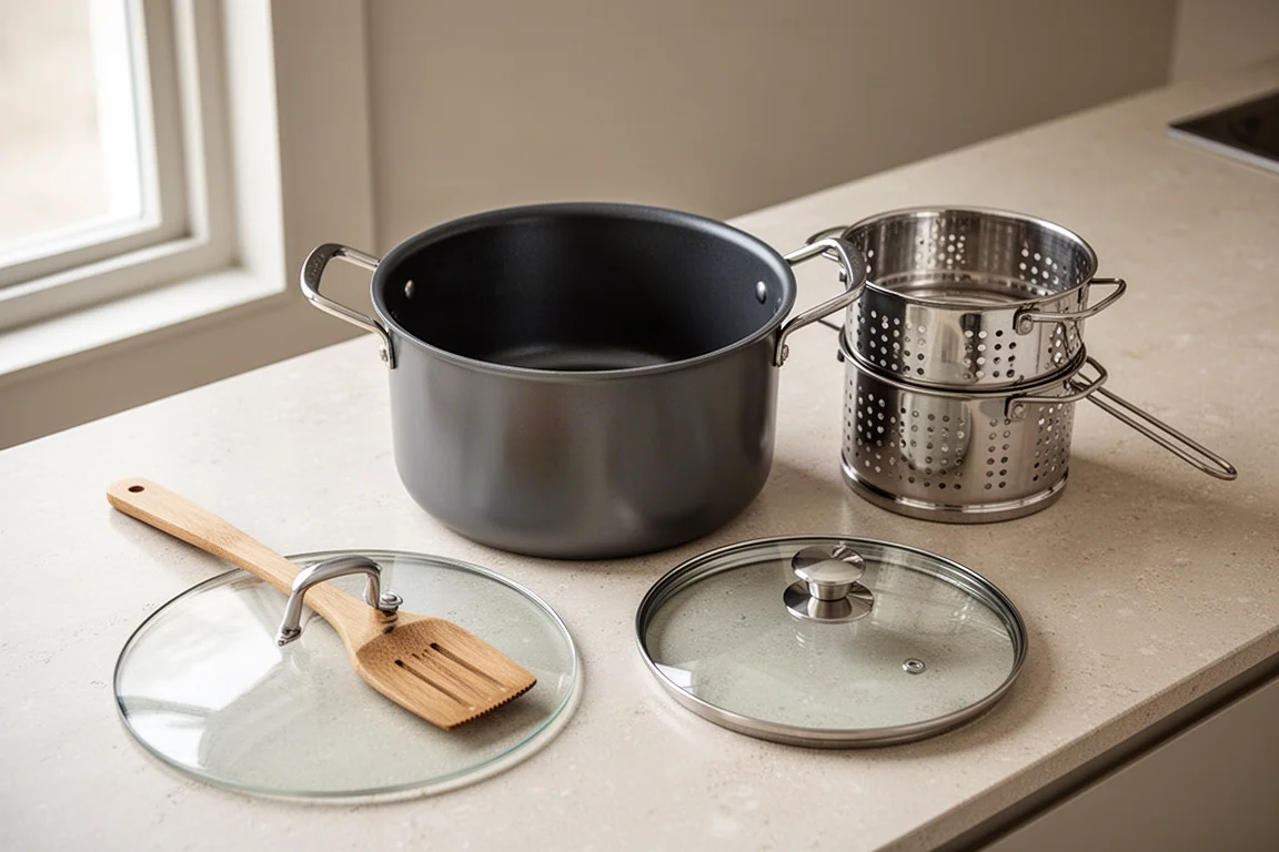 Kitchen counter with a tall-sided pan, steamer basket, and utensils laid out