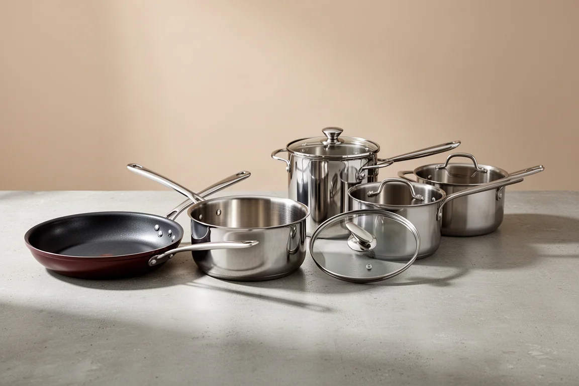 Assorted pots and pans arranged on a concrete surface