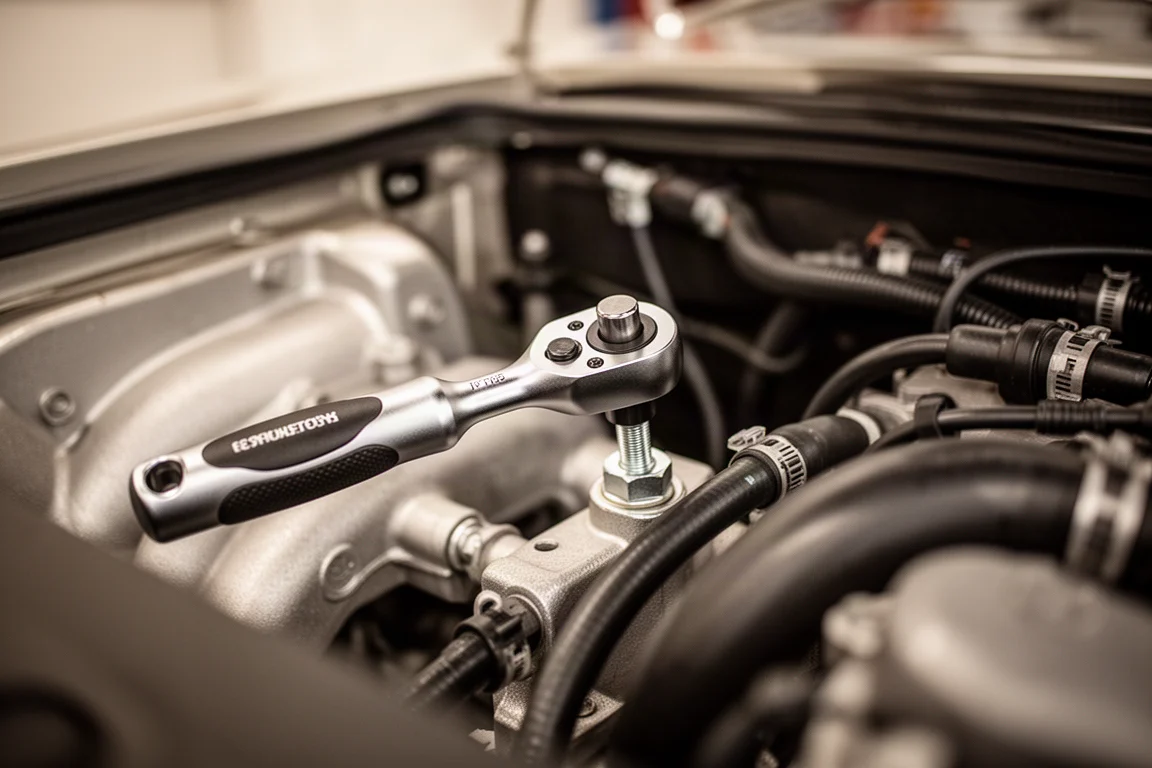 Compact ratchet working on a bolt in a tight engine bay recess