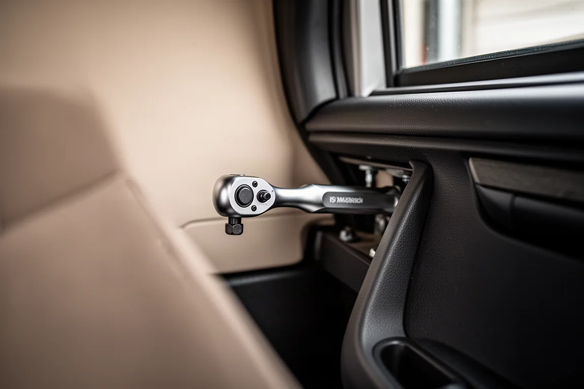 Slim-bodied ratchet held against a dashboard in a tight under-dash workspace