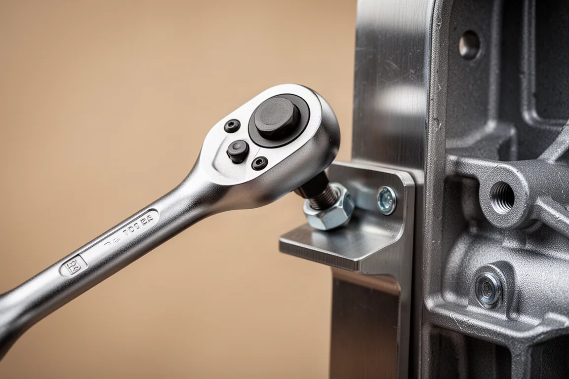 Ratchet head pivoting at an angle to reach a fastener around an obstruction