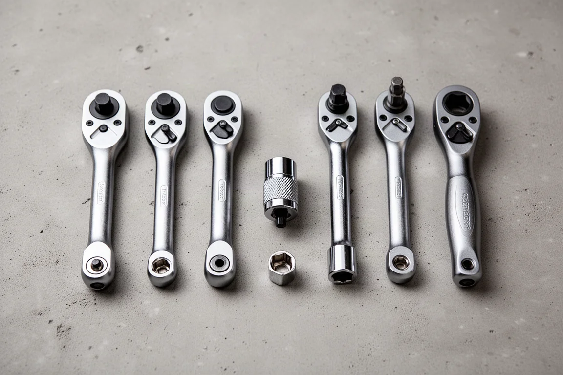 Flat-lay of ratchets and socket accessories arranged on a workbench