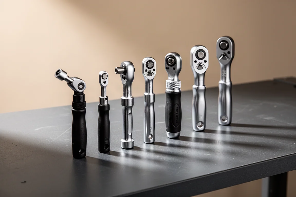 Collection of compact specialty ratchets arranged on a dark workbench