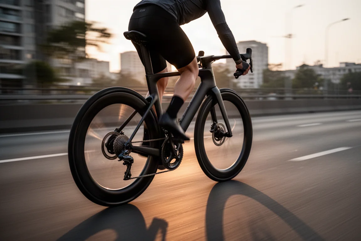 Close-up of flared drop handlebars with shifters angled outward on a road bike