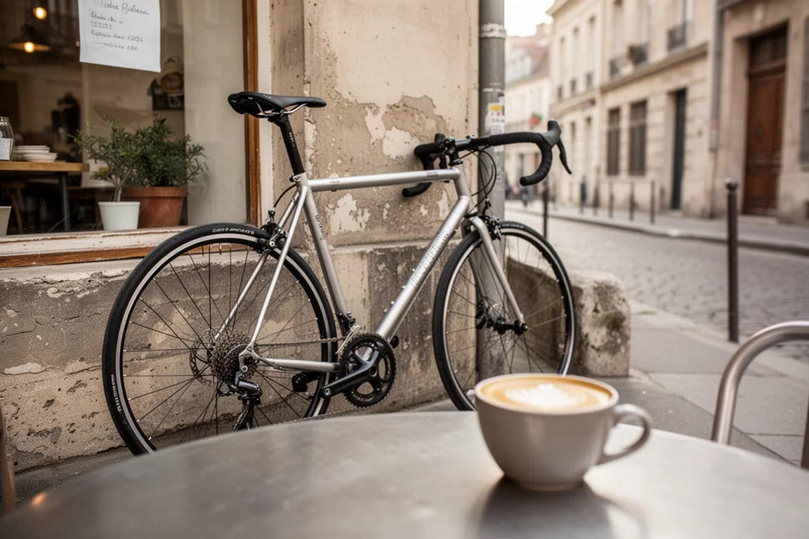 Cyclist stopped with a metal road bike outside a city cafe in late afternoon light