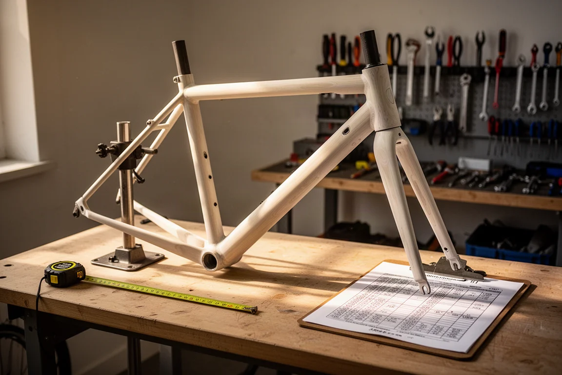 Overhead flat-lay of road bike components on a concrete surface