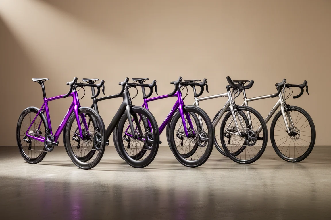 Five road bikes with aluminium and carbon frames lined up against a concrete wall