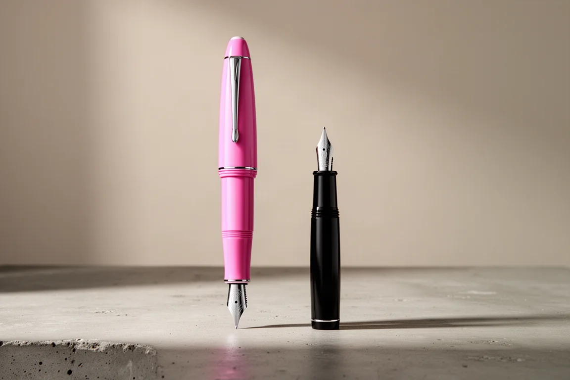Estilográfica rosa de gran tamaño de pie junto a una pluma de tamaño estándar para comparar la escala