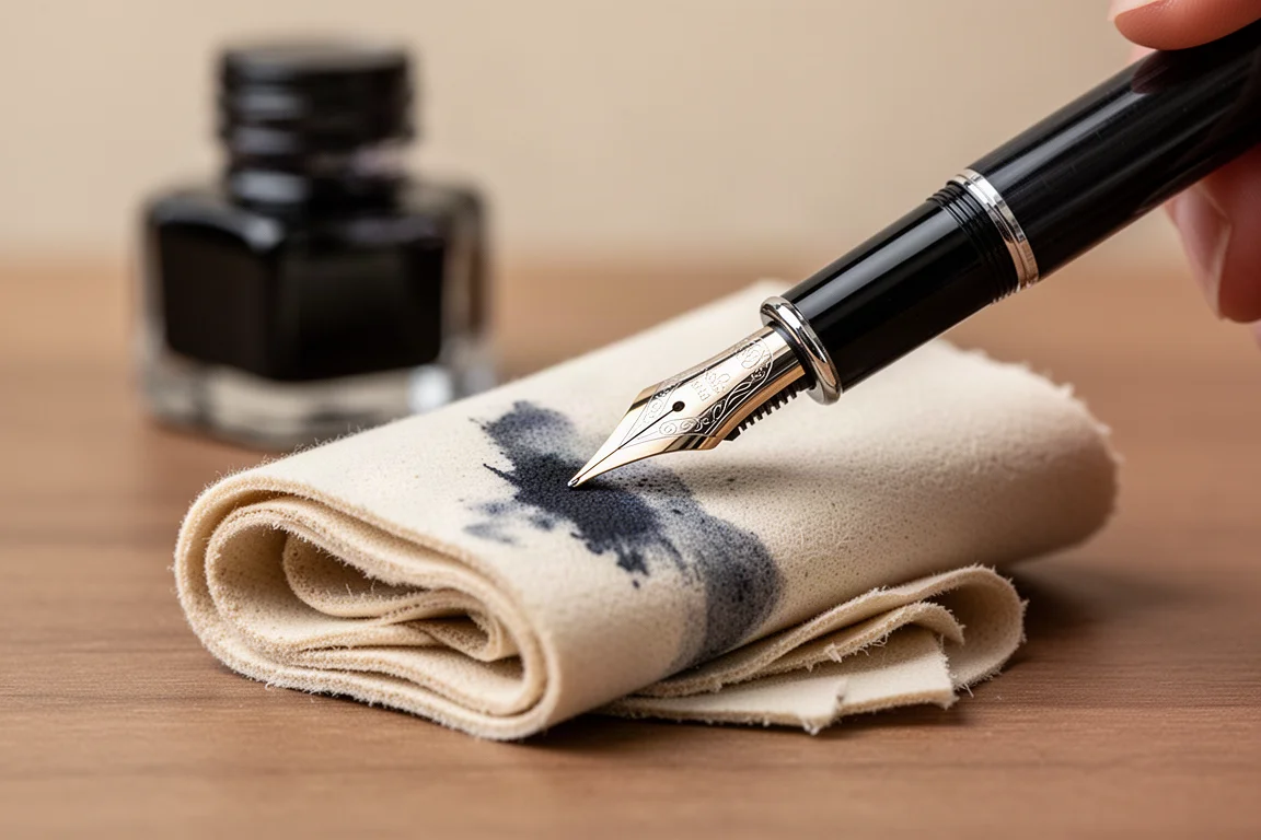 Pennino di una penna stilografica appoggiato su una salvastile in camoscio morbido accanto a un calamaio