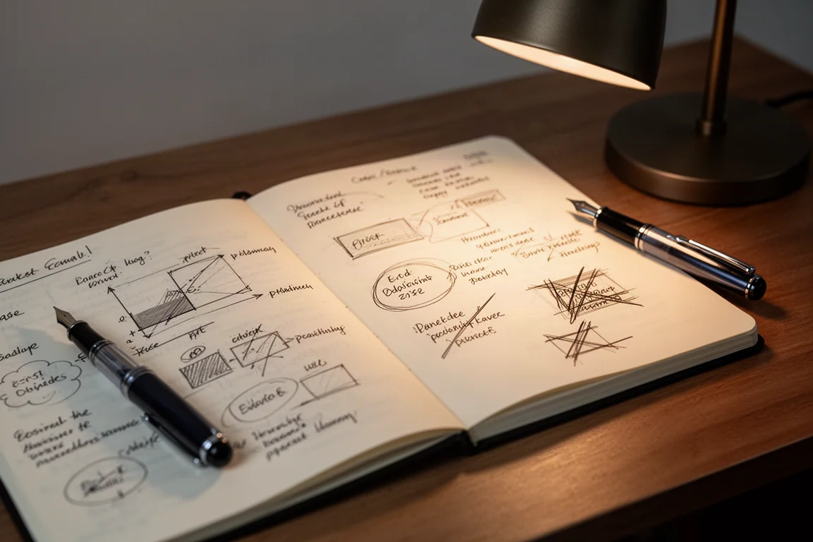 Quaderno aperto con appunti manoscritti di un puzzle accanto a una penna stilografica su una scrivania