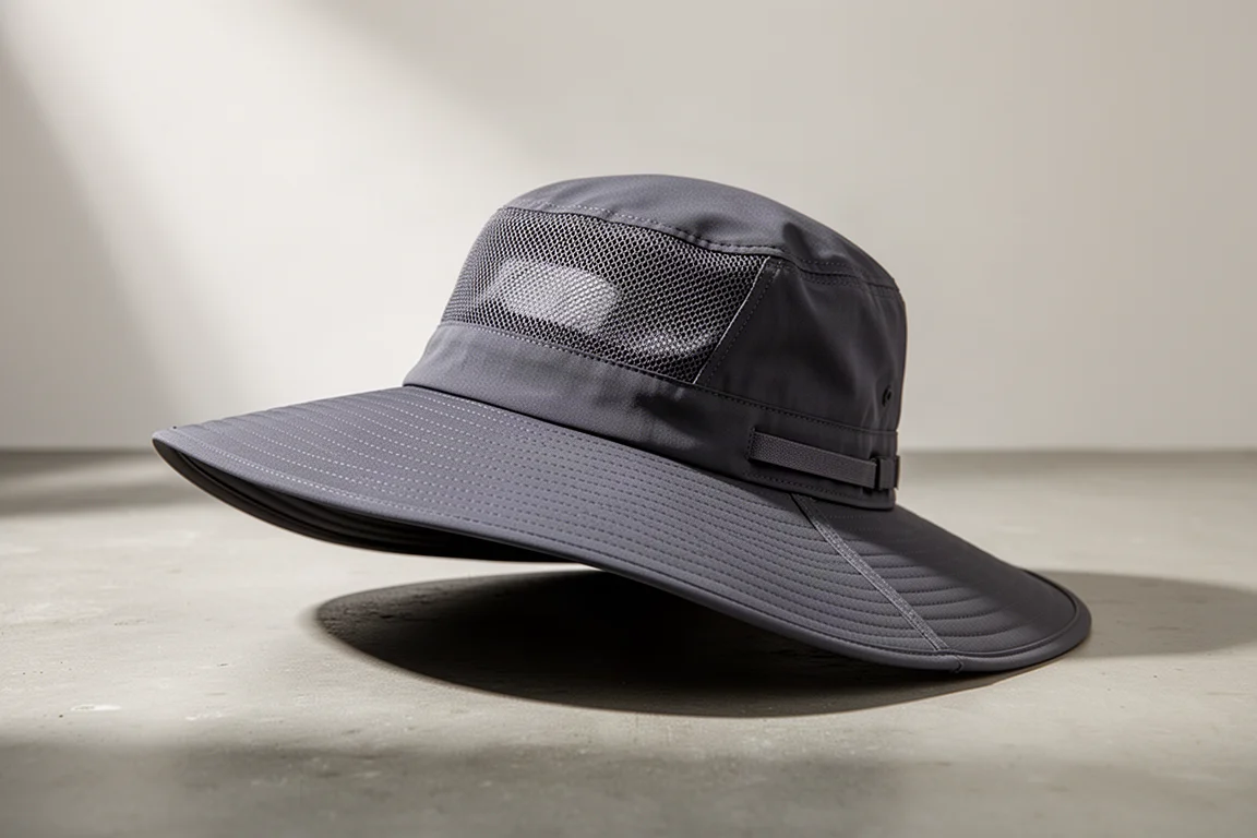 Wide-brim sun hat with mesh crown panel photographed on a concrete surface