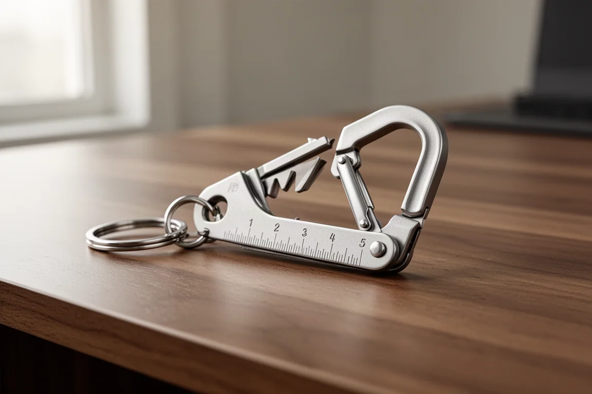 Titanium carabiner-style multi-tool clipped to a set of keys on a desk