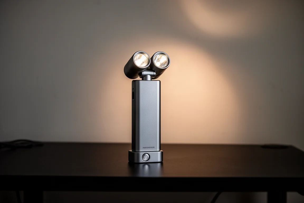 Compact rectangular aluminium flashlight standing upright on a desk at night