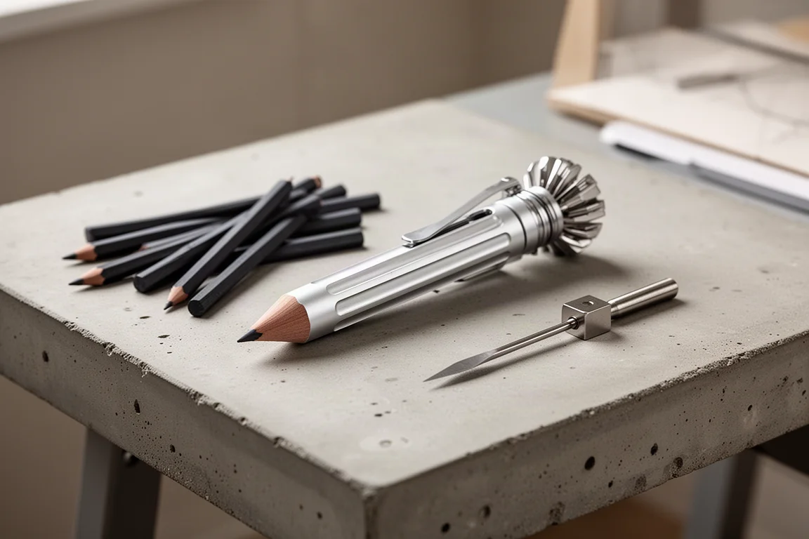 Pencil-shaped multi-tool resting beside sketching tools on a drafting table