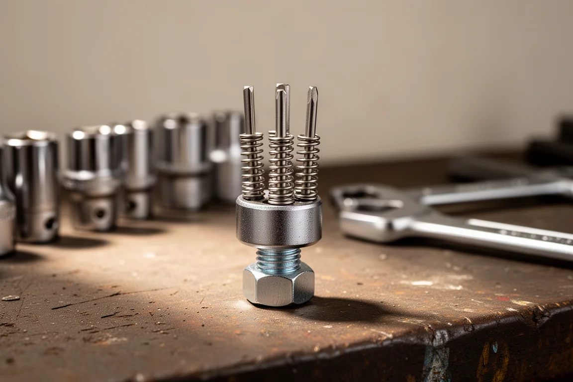 Universal socket tool pressed onto a bolt head on a workshop bench