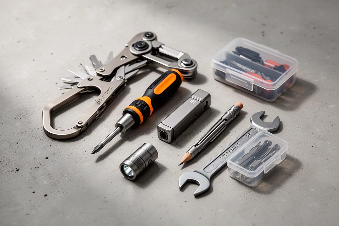 Flat lay of ten everyday carry tools including a carabiner multi-tool, screwdrivers, flashlight, wrench, and bit kit on concrete