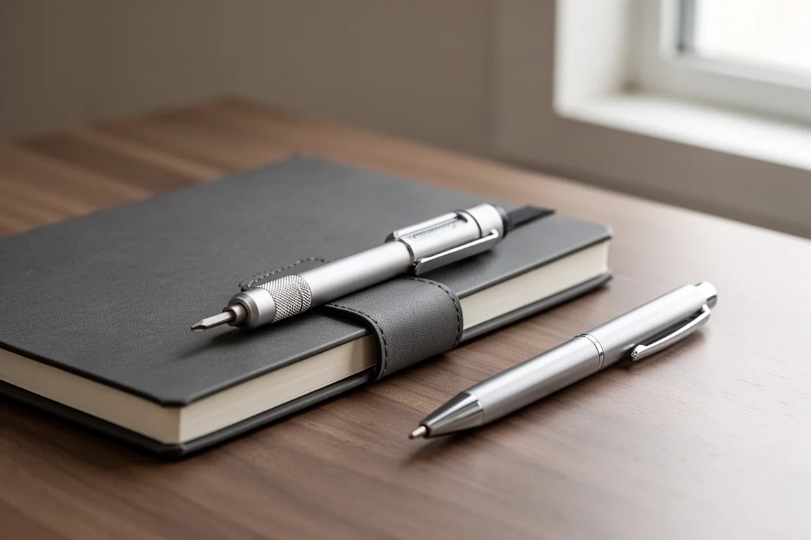 Pen-sized precision screwdriver resting on a desk beside a pen