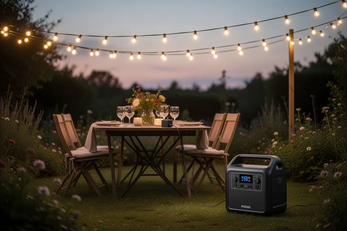 Portable power station powering LED festoon lights at an outdoor evening gathering