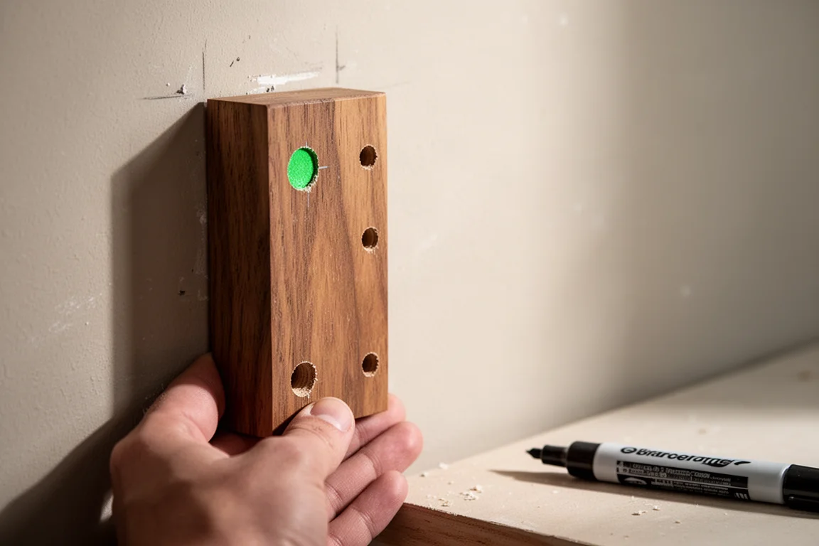 Chalk mark visible through a pre-drilled hole in a wooden bracket held against a wall