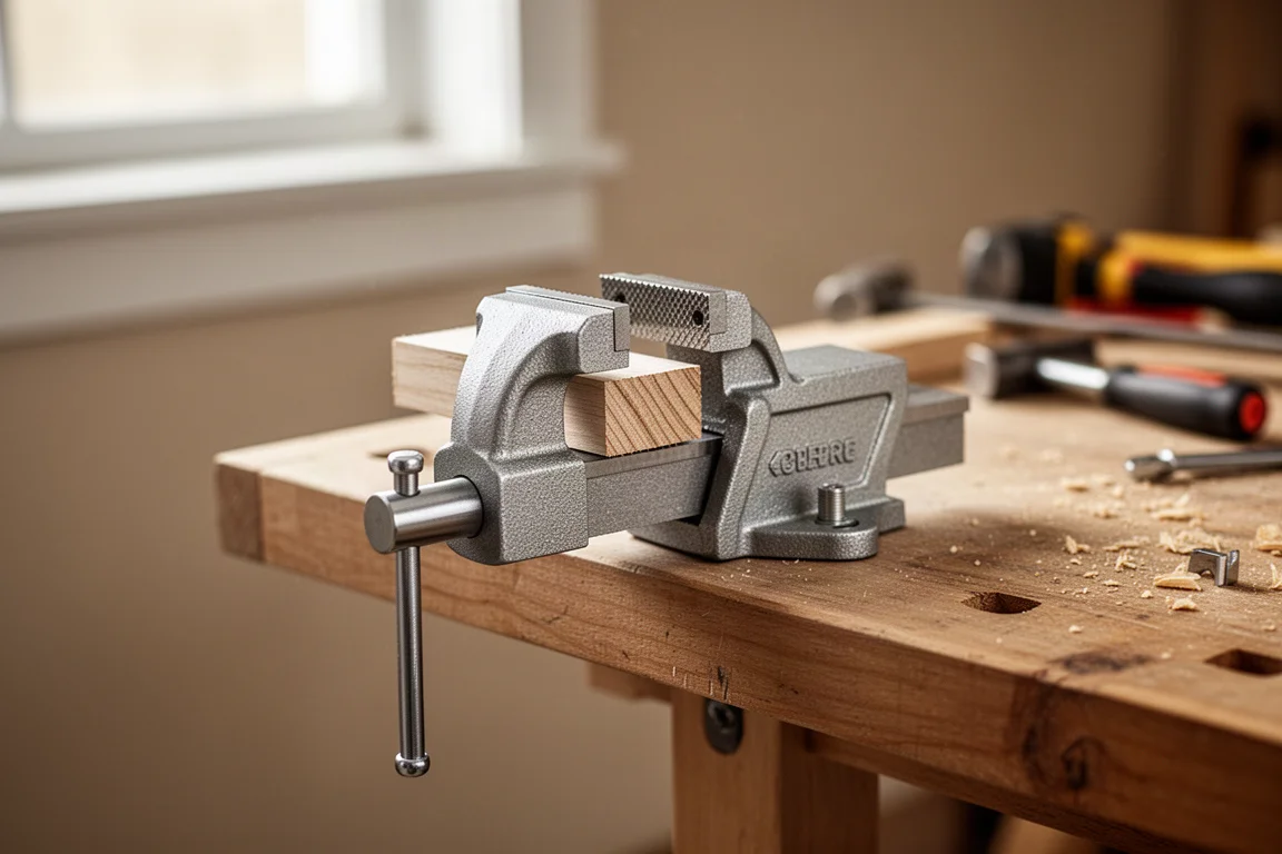 Compact portable vise clamped to a workbench holding a small workpiece