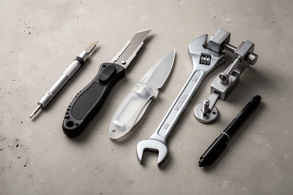 Flat-lay of practical hand tools including a precision screwdriver, utility knife and spanner on concrete