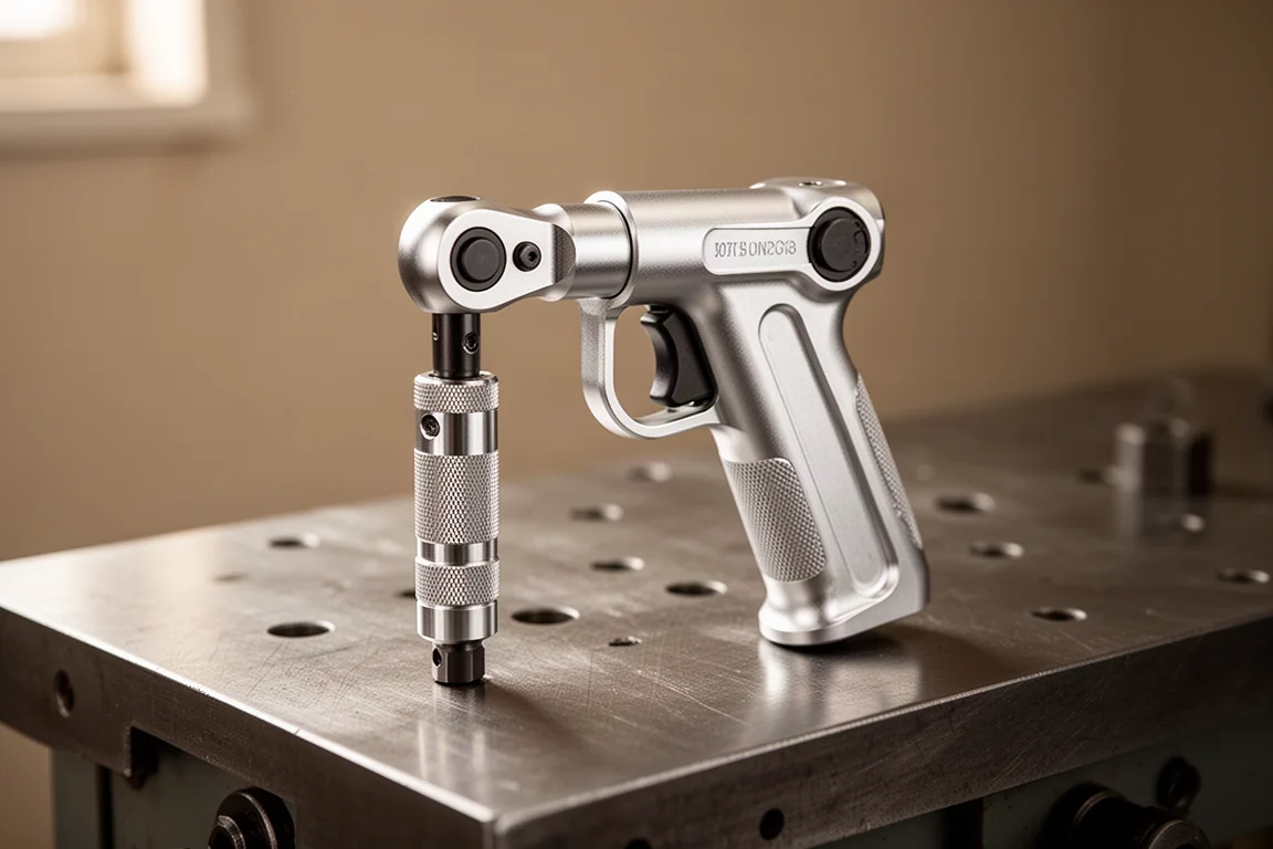 Anodiserad aluminiumfickeskrivare med pistolgrepp hålls över en arbetsbänk