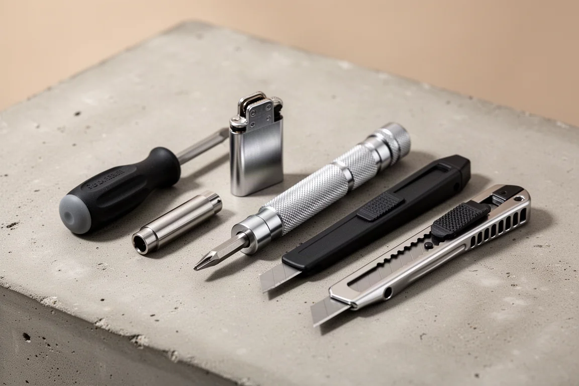 Collection of compact drivers and utility knives arranged on a concrete surface